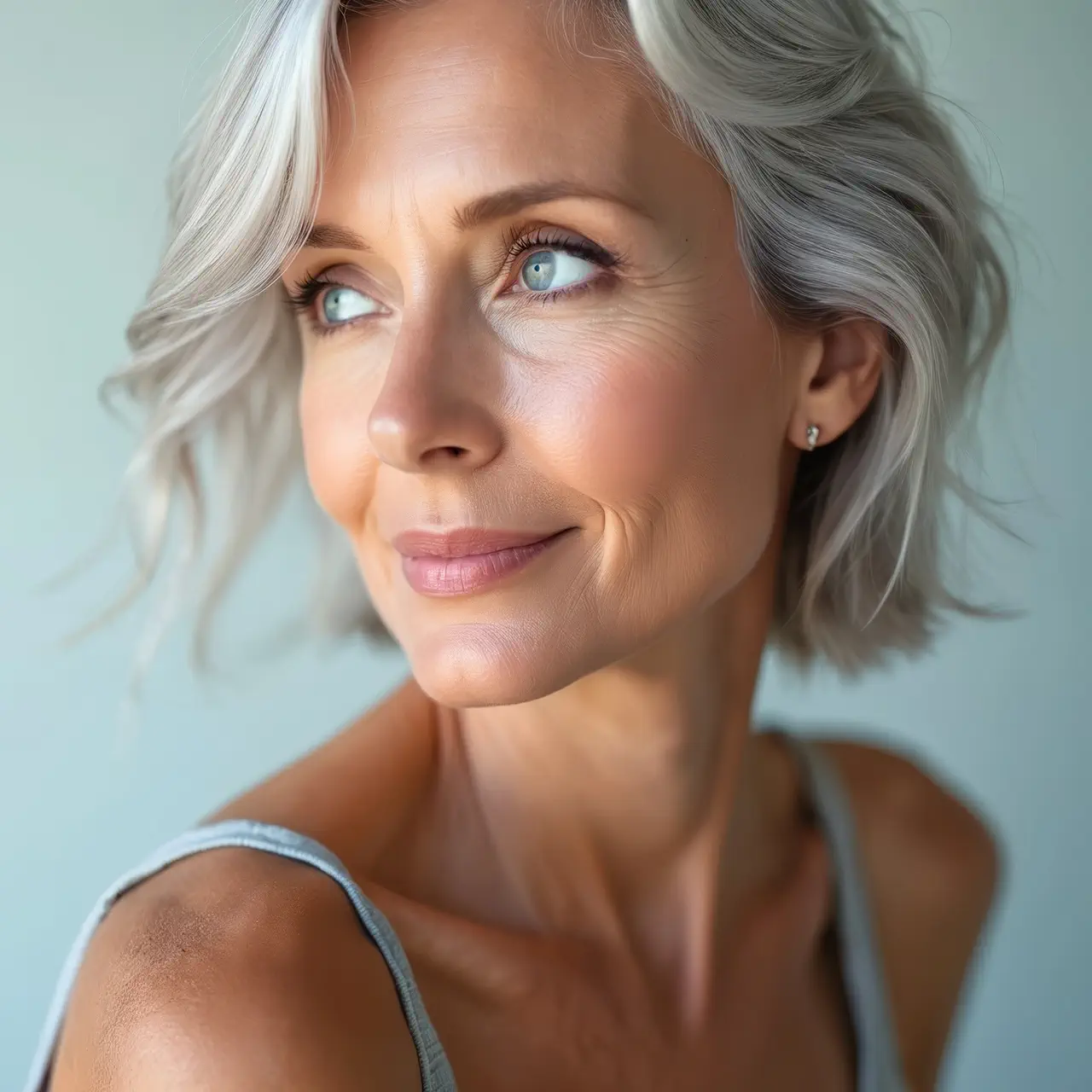 Woman with short silver hair shown in a three-quarter profile